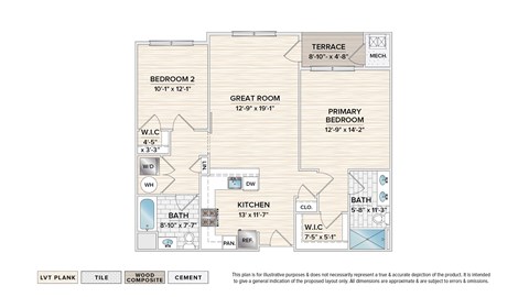 Floor plan for 2 beds, 2 baths, 1104 sqft